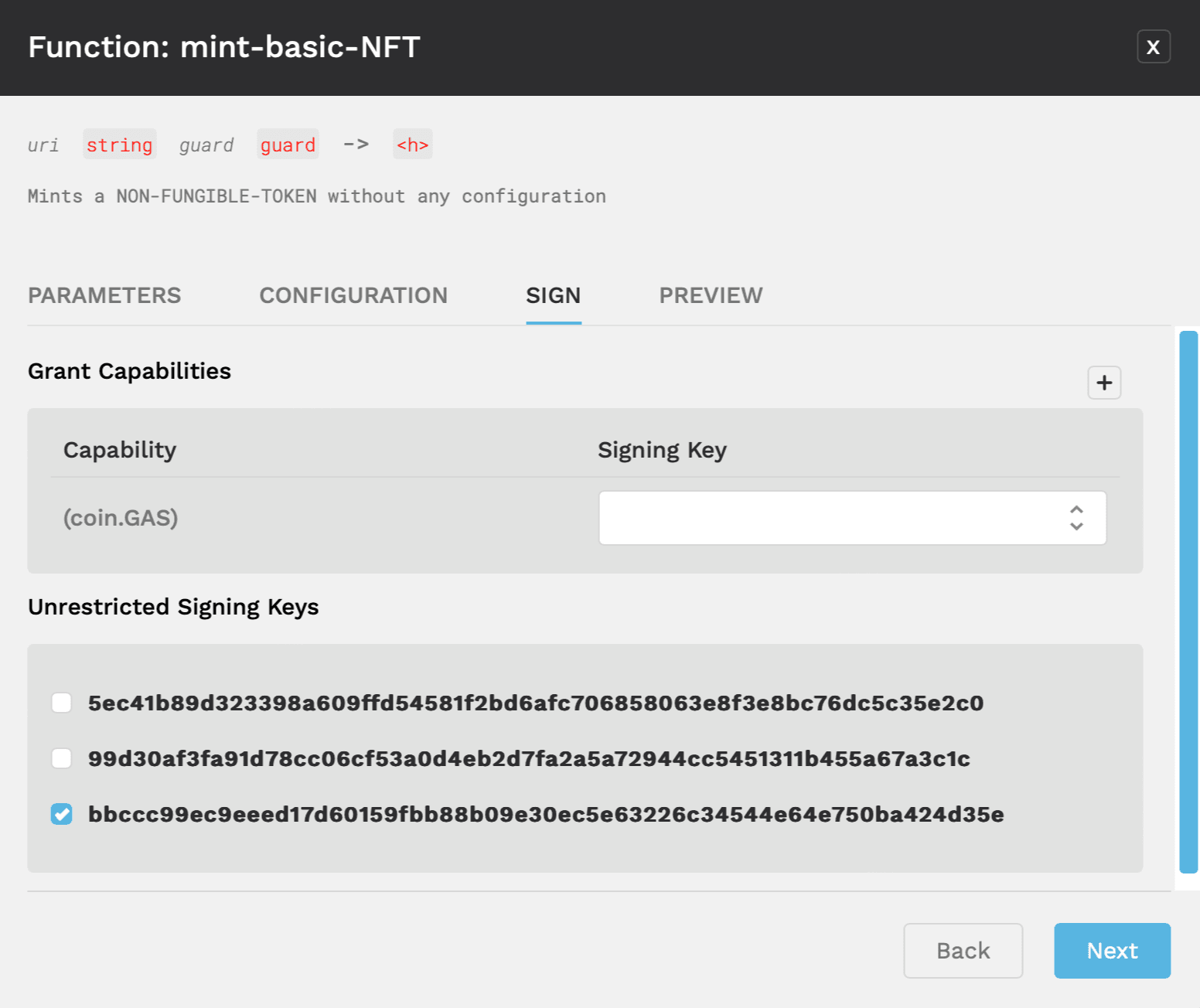 Select the key for unrestricted signing